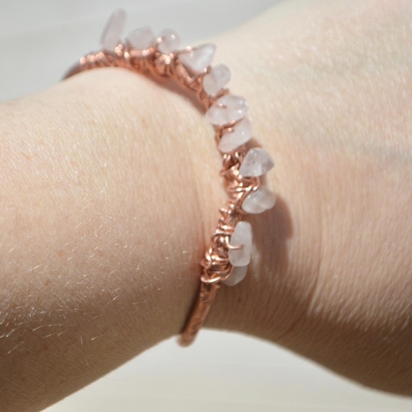 Rose Quartz Copper Wire Wrap Cuff Bracelet Bangle Gemstone Natural Reiki Healing - Picture 3 of 8